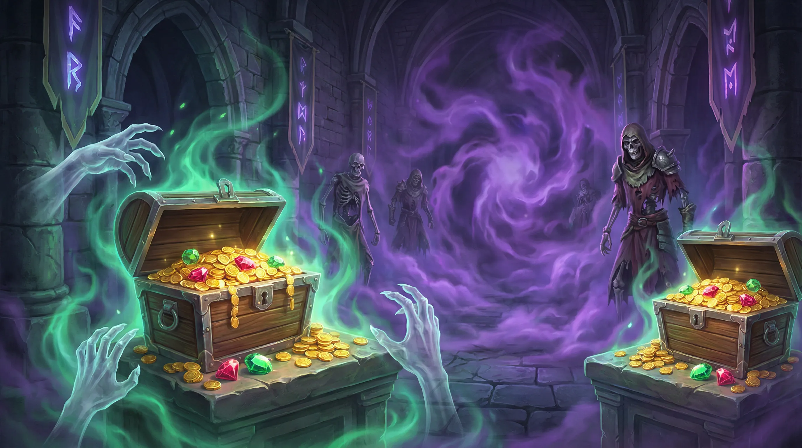 Baús de tesouro com moedas douradas e gemas preciosas